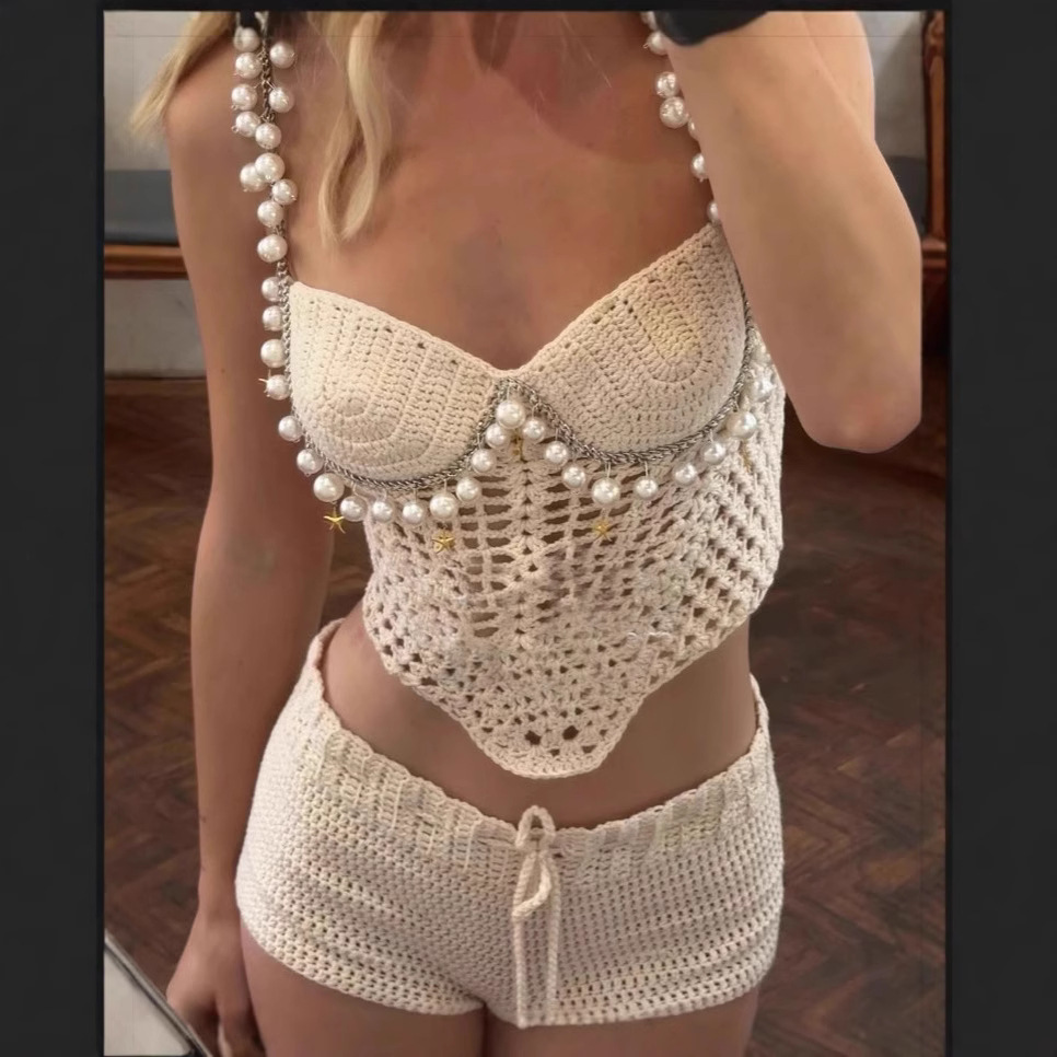 Crop Top Crochet - Сексуальный укороченный жилет с бисером, шорты,