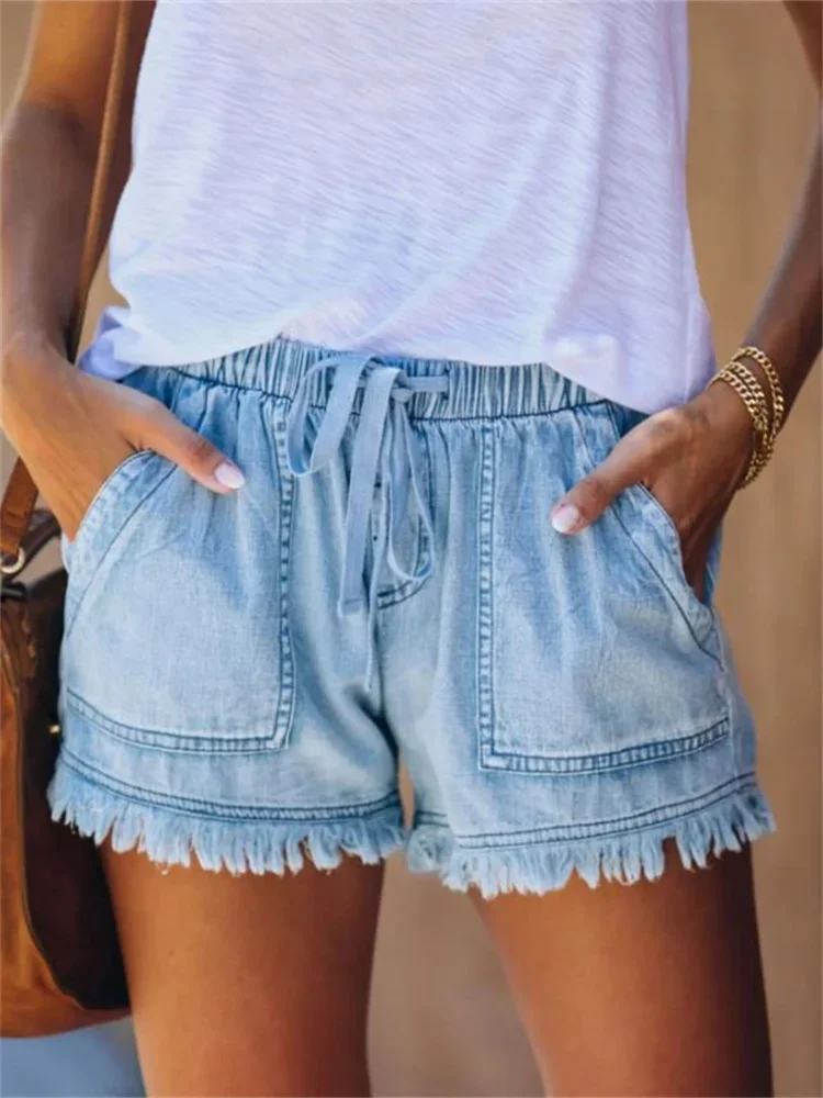 Shorts Denim Frayed - Женские джинсовые шорты с эластичной резинкой